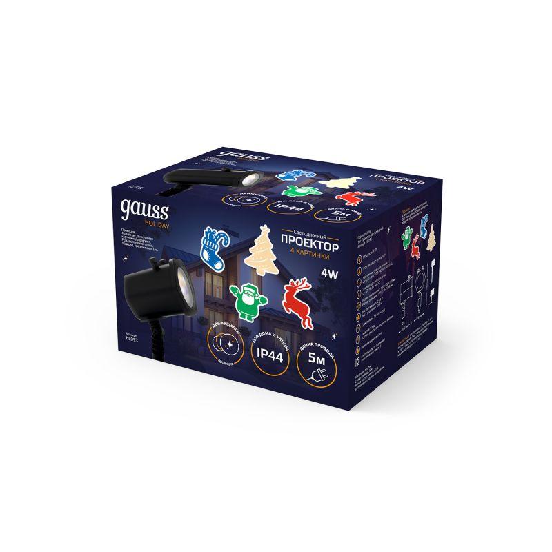  Проектор светодиодный Holiday 4 картинки Дед Мороз; Рождественский Олень; Подарки; Елка анимирован. картинки IP44 GAUSS HL093 фото в каталоге от BTSprom.by