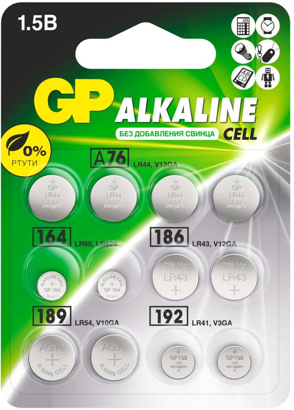  Набор алкалиновых элементов питания LR44 - 4шт; LR60 - 2шт; LR43 - 2шт; LR55 - 2шт; LR41 - 2шт ACM01-CR12 120/1440 (блист.12шт) GP 3153 фото в каталоге от BTSprom.by