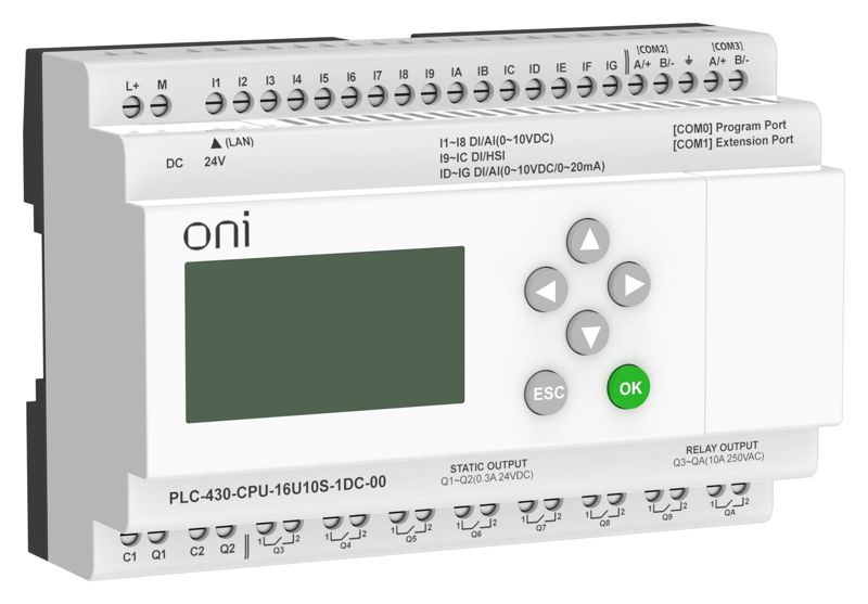  Модуль ЦПУ ПЛК 430 4 DI 12 UI (0-10В/DI) 8 RO 2 TO 24В DC с Ethernet портом с экраном ONI PLC-430-CPU-16U10S-1DC-00 фото в каталоге от BTSprom.by
