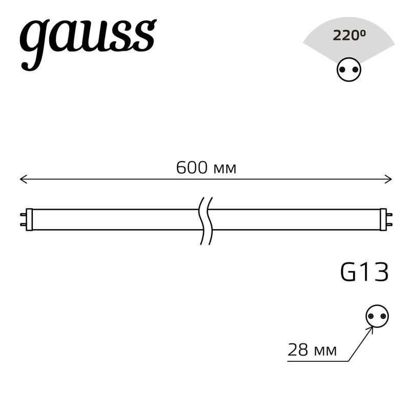 Лампа светодиодная Basic 10Вт T8 6500К G13 800лм 600мм стекло GAUSS 1930302 фото в каталоге от BTSprom.by