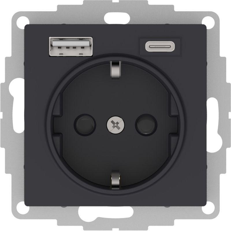 розетка atlasdesign 16а с 2-мя заряд. устройствами usb тип a+c 5в/2.4а 2х5в/1.2а механизм карбон se atn001032 от BTSprom.by