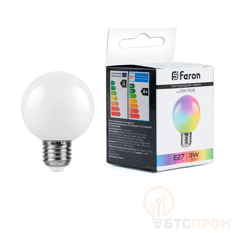 Лампа светодиодная 3Вт 230В E27 RGB G60 LB-371 матов. плавная сменая цвета FERON 38115 фото в каталоге от BTSprom.by  Лампа светодиодная 3Вт 230В E27 RGB G60 LB-371 матов. плавная сменая цвета FERON 38115 фото в каталоге от BTSprom.by