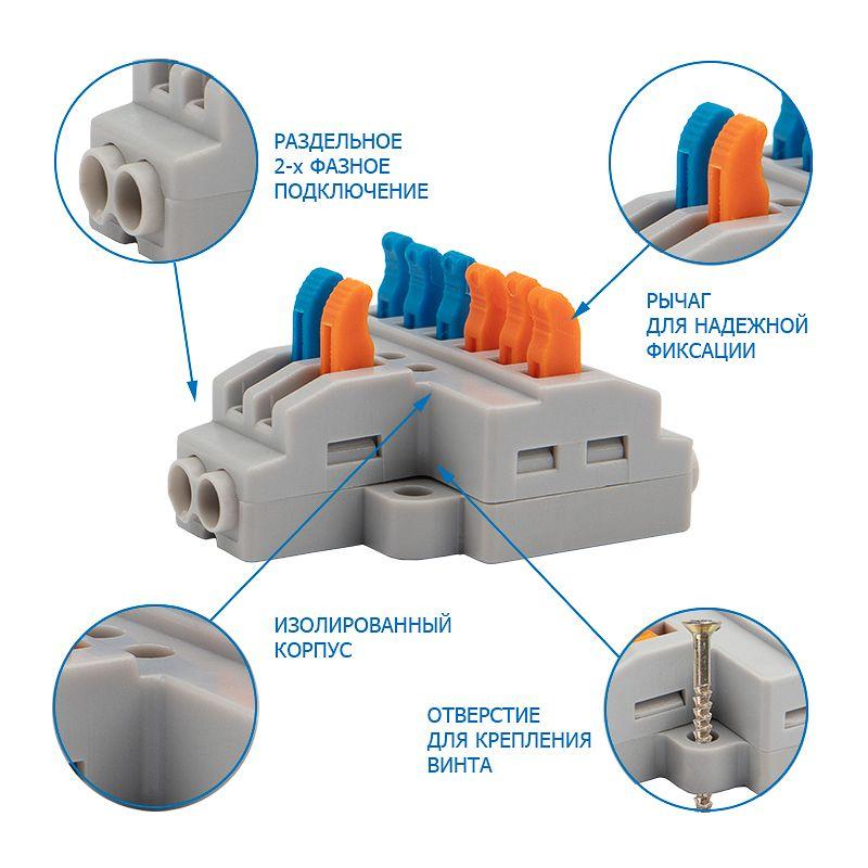  Клемма строительно-монтажная СМК проходная разветвительная 2х2 2п с монтажной площадкой 1 ввод 2 вывода на полюс (уп.5шт) Rexant 07-5235-05 фото в каталоге от BTSprom.by