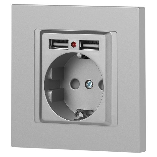  Розетка 1-м СП Accent 6-410-03 16А IP20 250В P+E Schuko + 2хUSB защ. шторки алюм. Intro Б0063694 фото в каталоге от BTSprom.by