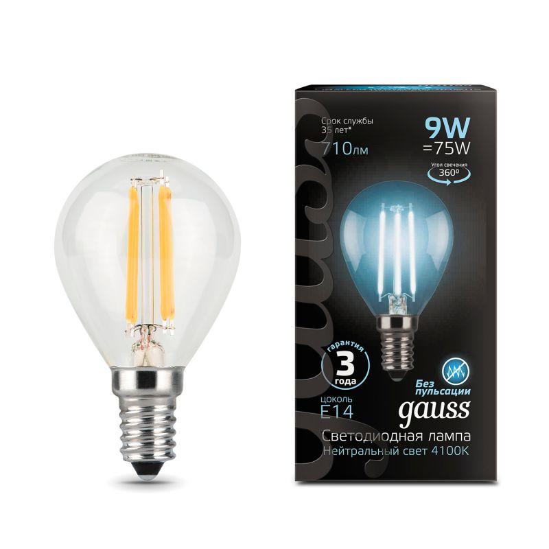 лампа светодиодная филаментная black filament 9вт p45 шар 4100к нейтр. бел. e14 710лм gauss 105801209 от BTSprom.by