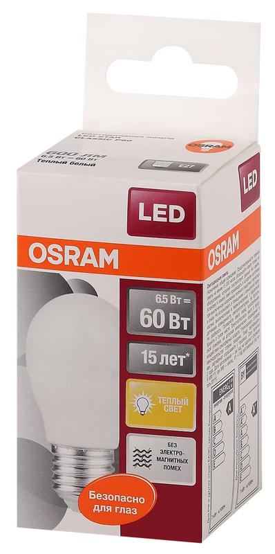лампа светодиодная led star classic p 60 6.5w/830 6.5вт шар матовая 3000к тепл. бел. e27 550лм 220-240в пластик. osram 4058075134355 от BTSprom.by