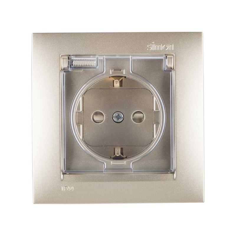 розетка 1-м сп simon15 с защ. крышкой защ. шторки с заземл. ip44 шампань simon 1590450-034 от BTSprom.by