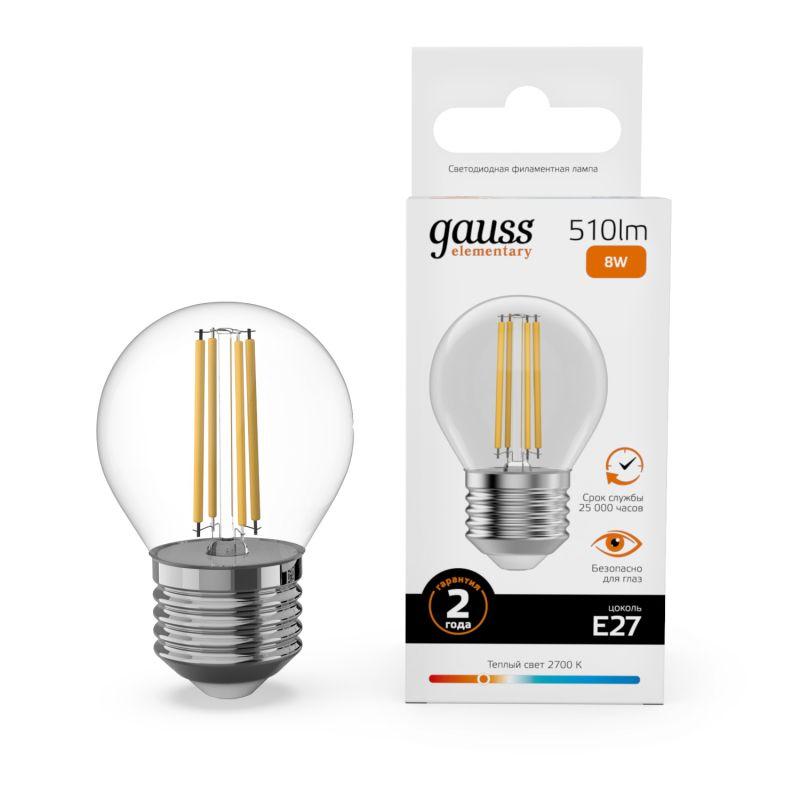 лампа светодиодная филаментная filament elementary 8вт шар 2700к е27 510лм gauss 52218 от BTSprom.by