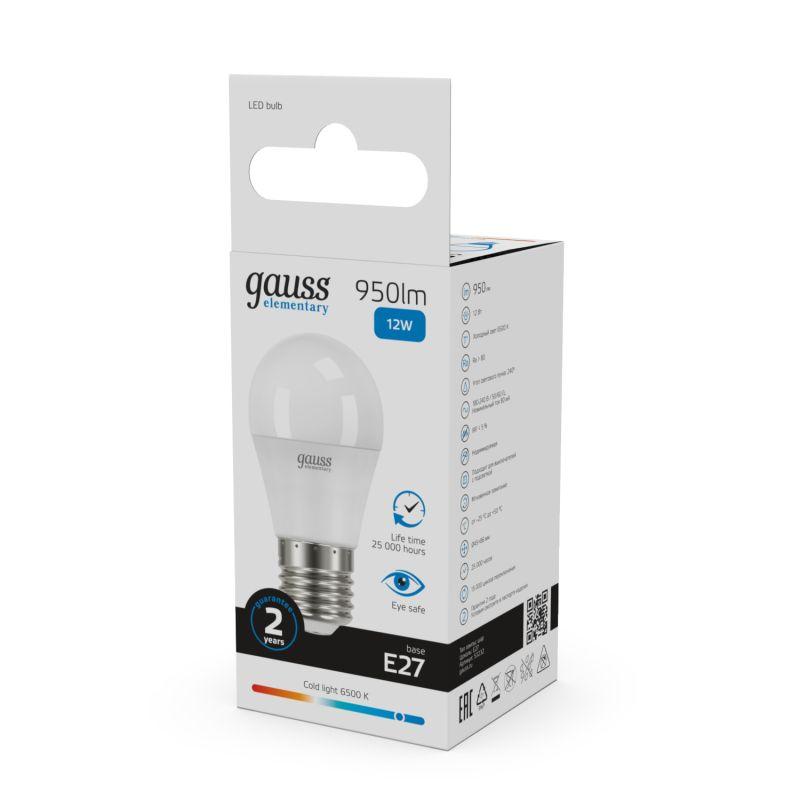 Лампа светодиодная Elementary 12Вт P45 шар 6500К холод. бел. E27 950лм GAUSS 53232 фото в каталоге от BTSprom.by