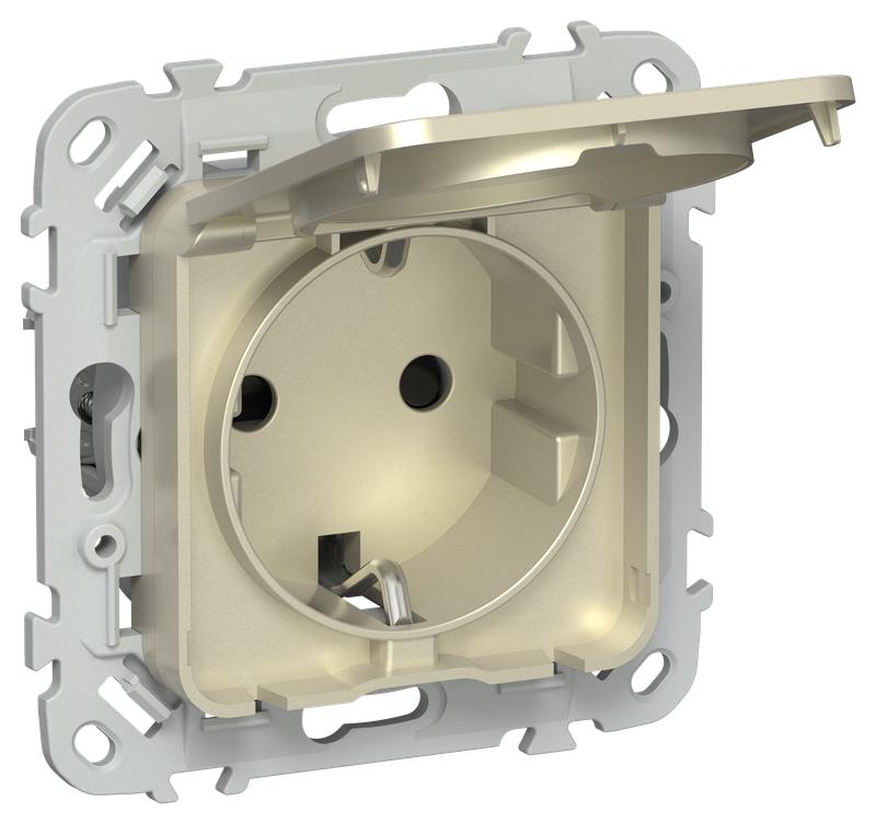 розетка сп flite рсшкр11-1-44-флш 16а ip44 с заземл. с защ. шторками и крышкой безвинтовое крепление механизм шампань iek fi-r16-16-1-44-k37 от BTSprom.by