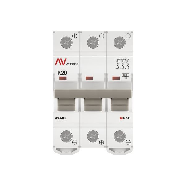  Выключатель автоматический модульный 3п K 20А 6кА AV-6 DC AVERES EKF mcb6-DC-3-20K-av фото в каталоге от BTSprom.by