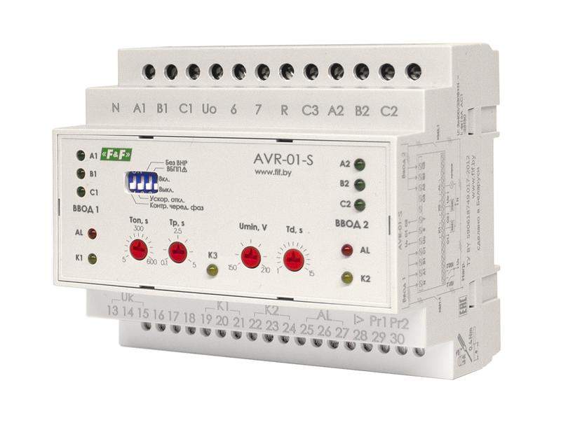 устройство управления резервным питанием avr-01-s (2 ввода; 2 нагрузки с секционным выключ. 35мм 3х400в+n 3х16а 3p ip20 монтаж на din-рейке) f&f ea04.006.002 от BTSprom.by