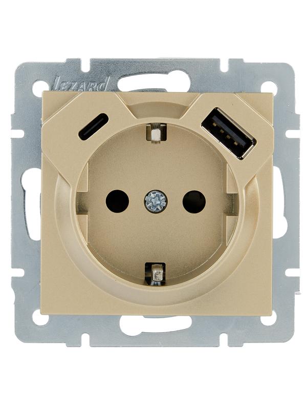  Розетка с заземл. TC+USB разъем VESNA зол. LEZARD 742-3688-181TC фото в каталоге от BTSprom.by