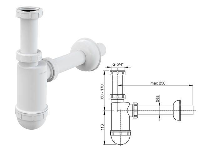 сифон для умывальника o32 c накидной гайкой 5/4, alcaplast a430-bl-01 от BTSprom.by