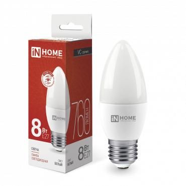 лампа светодиодная led-свеча-vc 8вт свеча 4000к нейтр. бел. e27 760лм 230в in home 4690612020457 от BTSprom.by