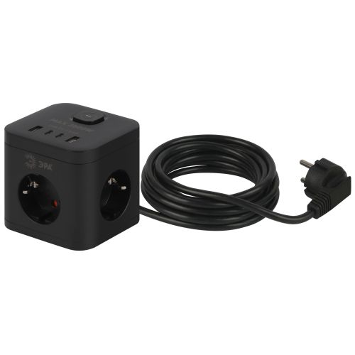 удлинитель куб 3х1.5 с заземл. с выкл. cube-3es-1.5m-4usb-b 3 розетки+4xusba+c 16а черн. эра б0069074 от BTSprom.by