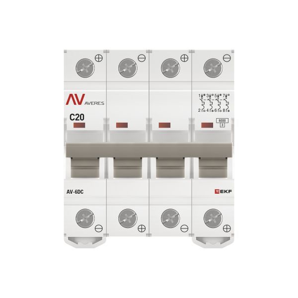  Выключатель автоматический модульный 4п C 20А 6кА AV-6 AVERES EKF mcb6-DC-4-20C-av фото в каталоге от BTSprom.by