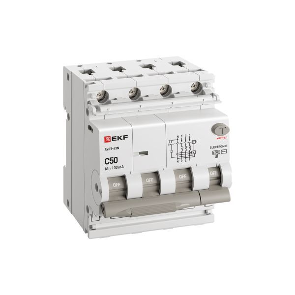  Выключатель автоматический дифференциального тока 4п (3P+N) C 50А 100мА тип AC 6кА АВДТ-63N электронный PROxima EKF D63N46E50C100 фото в каталоге от BTSprom.by