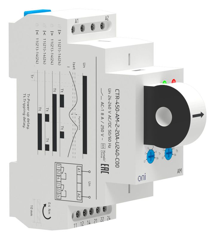 реле контроля тока am 2а-20а 2 контакта 24-240в ac/24в dc oni ctr-450-am-2-20a-u240-c00 от BTSprom.by