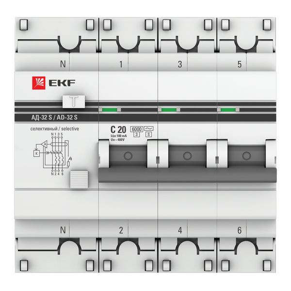  Выключатель автоматический дифференциального тока 3P+N 20А 100мА АД-32 (селективный) PROxima EKF DA32-6-20-100S-4P-pro фото в каталоге от BTSprom.by