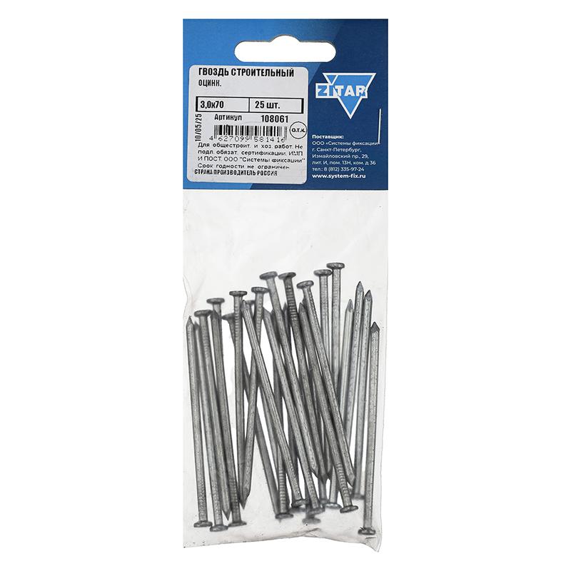 гвоздь строительный 3х70 оцинк. (уп.25шт) tech-krep/zitar 108061 от BTSprom.by
