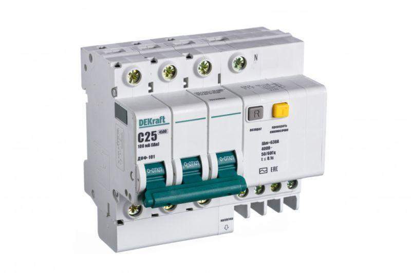 выключатель автоматический дифференциального тока 4п (3p+n) c 25а 100ма тип ac диф-101 со встроен. защитой от сверхтоков dekraft 15222dek от BTSprom.by