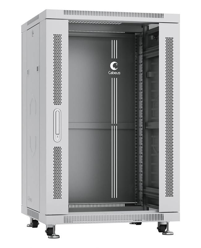 шкаф монтажный телекоммуникационный напольный sh-05c-18u60/60 19дюйм 18u 600х600х988мм для распределит. и серверн. оборудования передн. стеклян. и задн. сплошн. метал. двери ручка с замком ral сер. cabeus 7043c от BTSprom.by