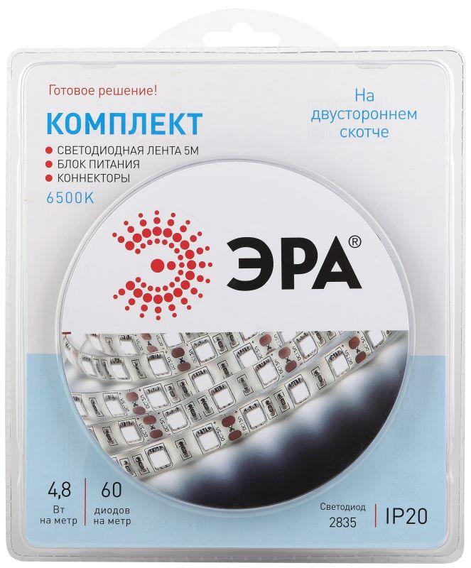комплект светодиодной ленты 2835kit-4.8-60-12-ip20-6500 холод. бел. 12в (в комплекте: led лента на двустороннем скотче; источник питания; коннекторы) (уп.5м) эра б0043061 от BTSprom.by