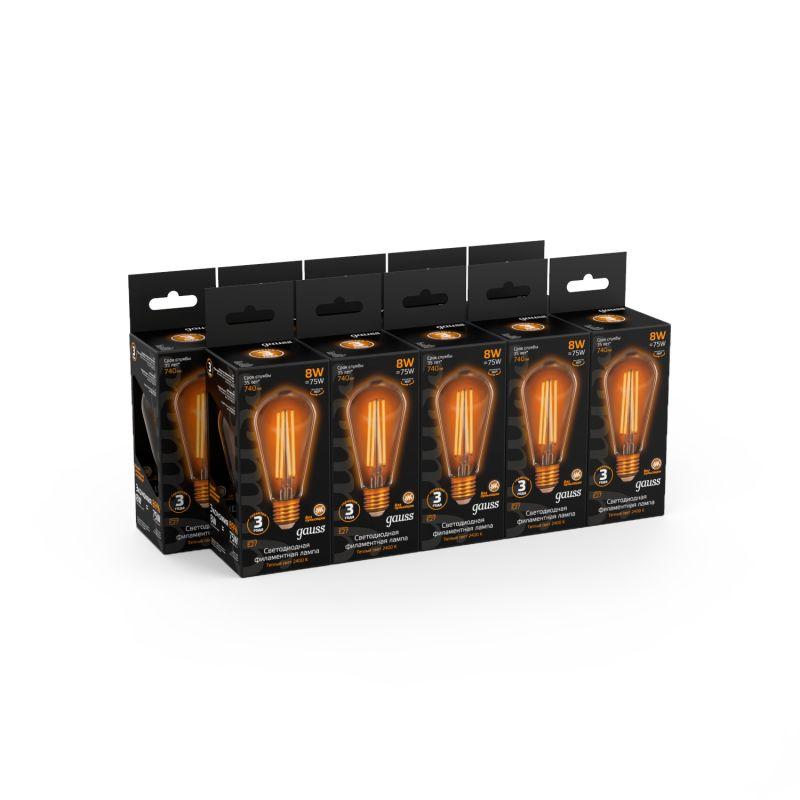 Лампа светодиодная филаментная Black Filament 8Вт ST64 золотая 2400К тепл. бел. E27 740лм GAUSS 157802008 фото в каталоге от BTSprom.by