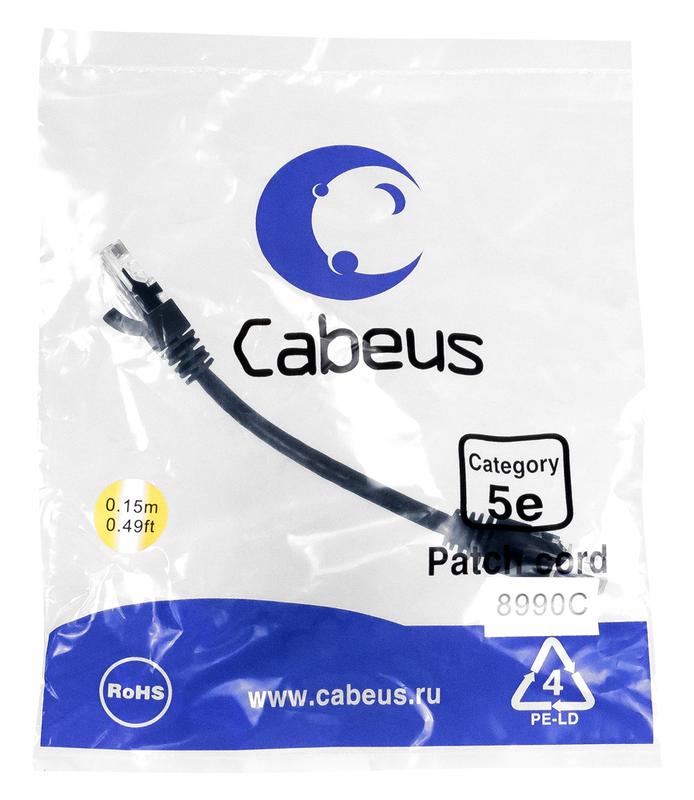 патч-корд u/utp кат.5e pc-utp-rj45-cat.5e-0.15m-bk 2xrj45/8p8c неэкранир. pvc 0.15м черн. cabeus 8990c от BTSprom.by