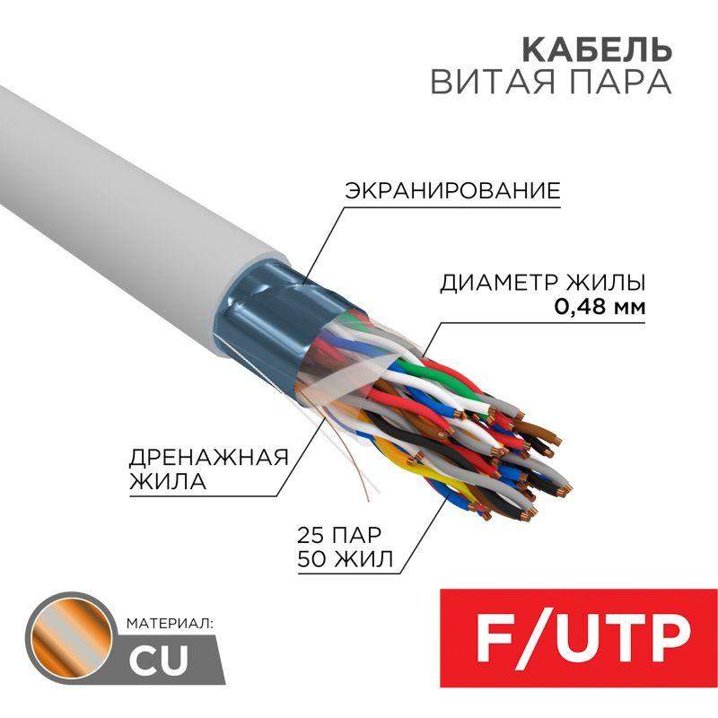 кабель витая пара f/utp кат.5e 25х2х24awg solid pvc indoor медь сер. (уп.305м) rexant 01-1201-r от BTSprom.by