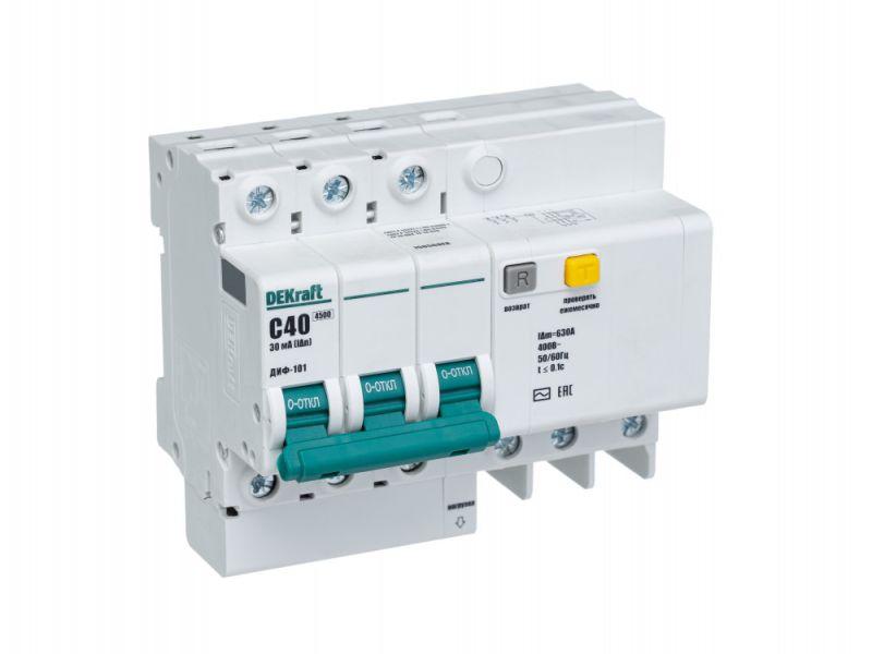 выключатель автоматический дифференциального тока 3п c 40а 30ма тип ac диф-101 со встроен. защитой от сверхтоков dekraft 15056dek от BTSprom.by
