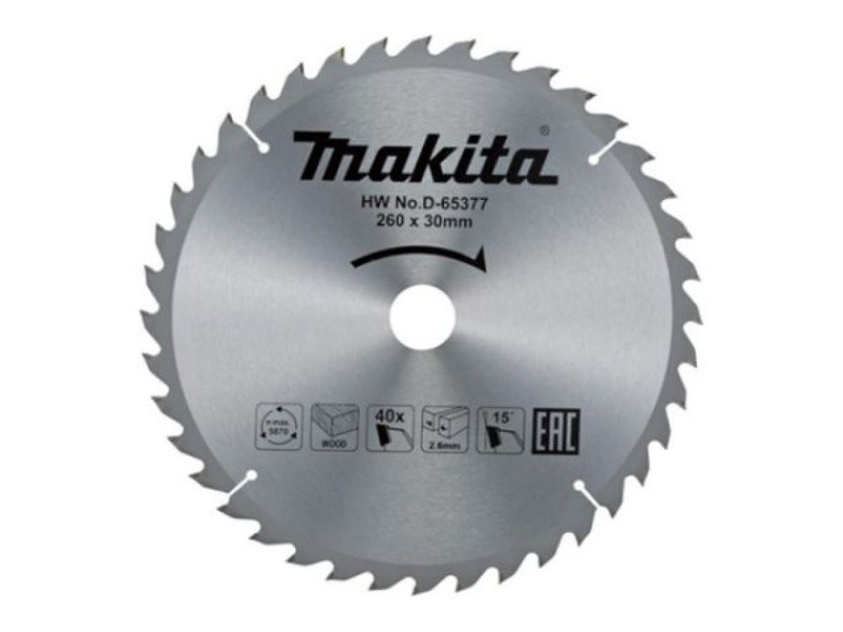 диск пильный для дерева, 260x30x2.6/1.8x40t makita d-65377 от BTSprom.by