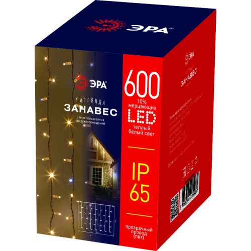  Гирлянда светодиодная "Занавес" 3х2м 600LED тепл. бел. IP65 220В бел. мерцание провод прозр. ПВХ Эра Б0051893 фото в каталоге от BTSprom.by