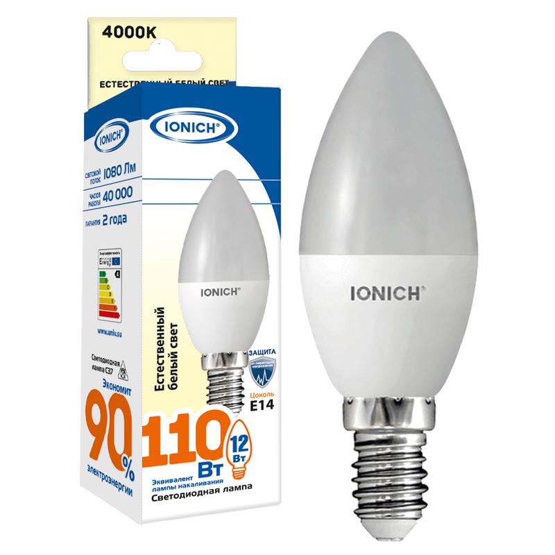 лампа светодиодная c37 12вт свеча 4000к e14 230в ionich 1640 от BTSprom.by