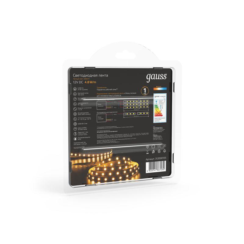  Лента светодиодная Black 2835/60-SMD 4.8Вт/м 3000К тепл. бел. IP20 210лм/м 12В (блист.5м) GAUSS 312000105 фото в каталоге от BTSprom.by