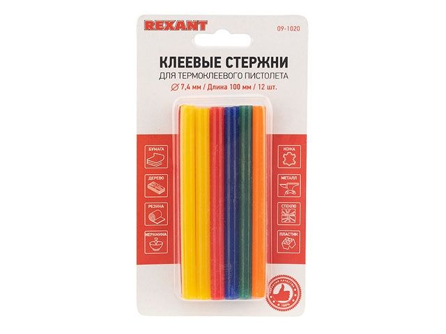 клеевые стержни d=7,4 мм, l=100 мм, цветные (упак. 12 шт.) (блистер) rexant 09-1020 от BTSprom.by