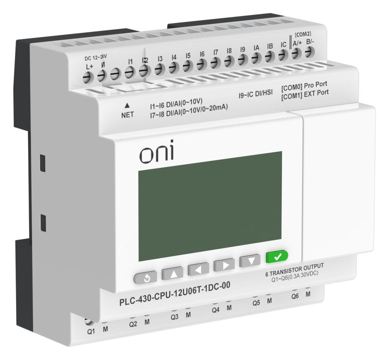  Модуль ЦПУ ПЛК 430 4 DI 6 UI (0-10В/DI) 2 UI (0-10В/0-20мА/DI) 6 TO 24В DC с Ethernet портом с экраном ONI PLC-430-CPU-12U06T-1DC-00 фото в каталоге от BTSprom.by