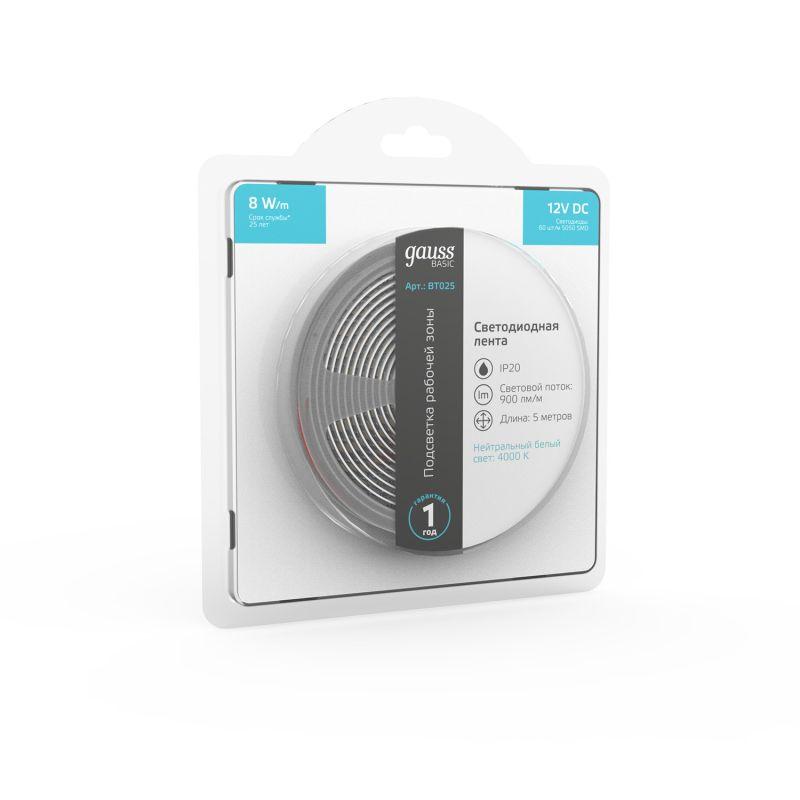  Лента светодиодная Basic 5050/60-SMD 8Вт/м 4000К нейтр. бел. IP20 900лм/м 12В 10мм (уп.5м) GAUSS BT025 фото в каталоге от BTSprom.by