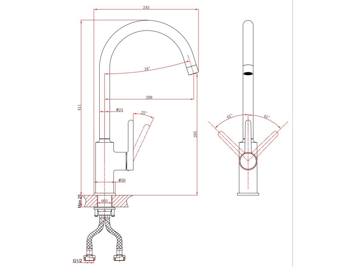  Смеситель для кухни (Lt) D35, серия Rose черный + белый, a-five (J-излив: длина 208 мм, высота 285 мм, поворотный) A5-0824 фото в каталоге от BTSprom.by