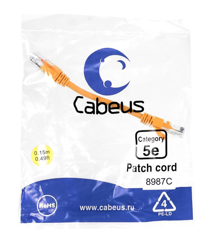 патч-корд u/utp кат.5e pc-utp-rj45-cat.5e-0.15m-or-lszh 2хrj45/8p8c неэкранир. lszh 0.15м оранж. cabeus 9518c от BTSprom.by