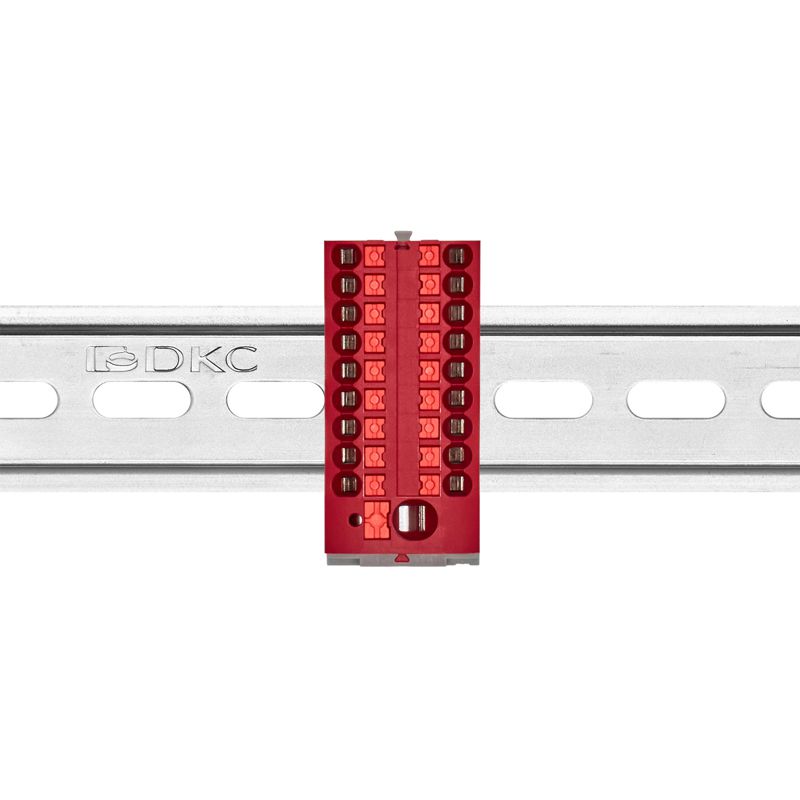  Блок распределительный с вертикал. адаптером на рейки шир. 15/35мм зажим push-in 1 ввод 6кв.мм 18 точек подключения 2.5кв.мм красн. DKC DTP1-118-104SPUR-V фото в каталоге от BTSprom.by