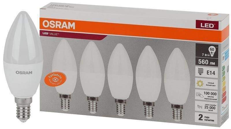 лампа светодиодная led value lvclb60 7sw/830 7вт свеча матовая e14 230в 2х5 ru (уп.5шт) osram 4058075577923 от BTSprom.by
