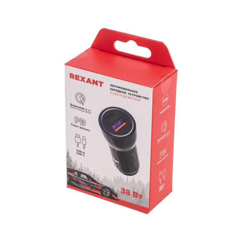  Автозарядка в прикуриватель АЗУ USB-A (QC 3.0)+USB-C (PD) 38Вт черн. Rexant 18-1200 фото в каталоге от BTSprom.by