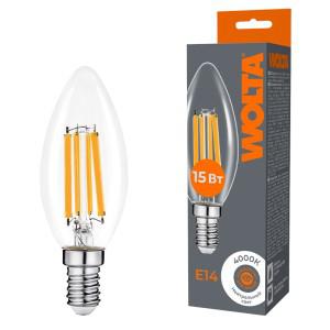 лампа светодиодная filament c35 15вт свеча прозрачная 4000к e14 1200лм wolta wf-c35-15w4ke14 от BTSprom.by