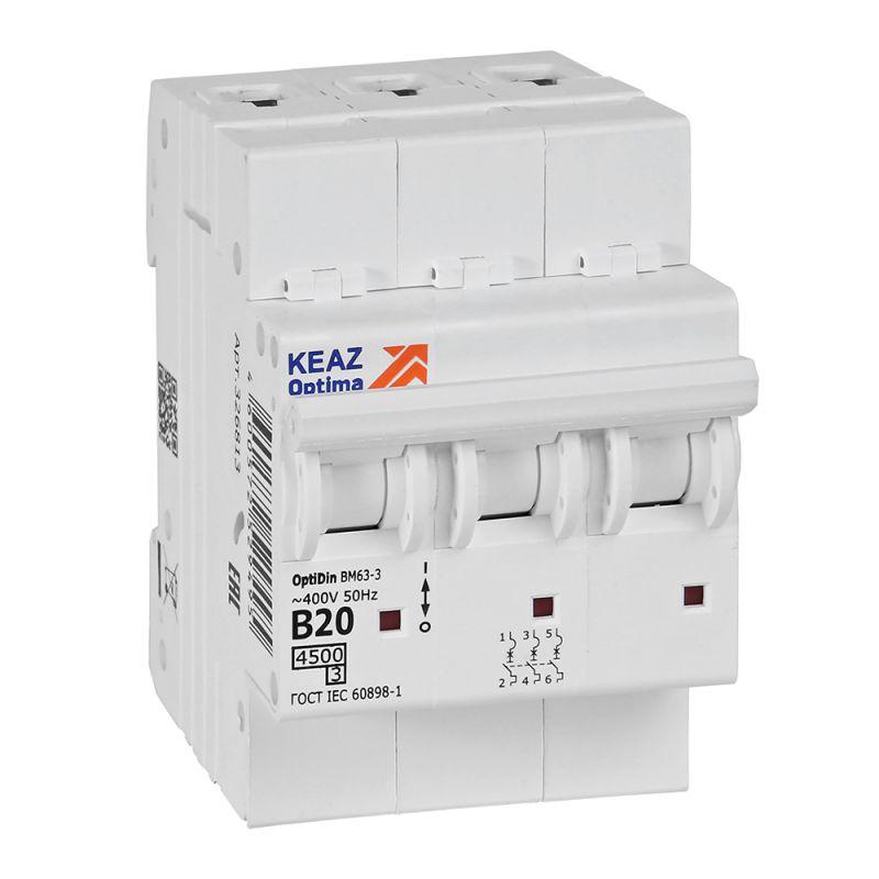 выключатель автоматический модульный 3п b 20а 10ка optidin bm63-3b20-4.5-ухл3 кэаз 329520 от BTSprom.by