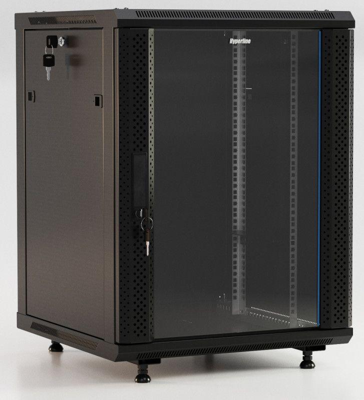 шкаф настенный twb-fc-1866-gp-ral9004 19дюйм. 18u 908х600х600мм стекл. дверь с перфорацией по бокам ручка с замком с возмож. установки на ножки черн. (разобранный) hyperline 395560 от BTSprom.by