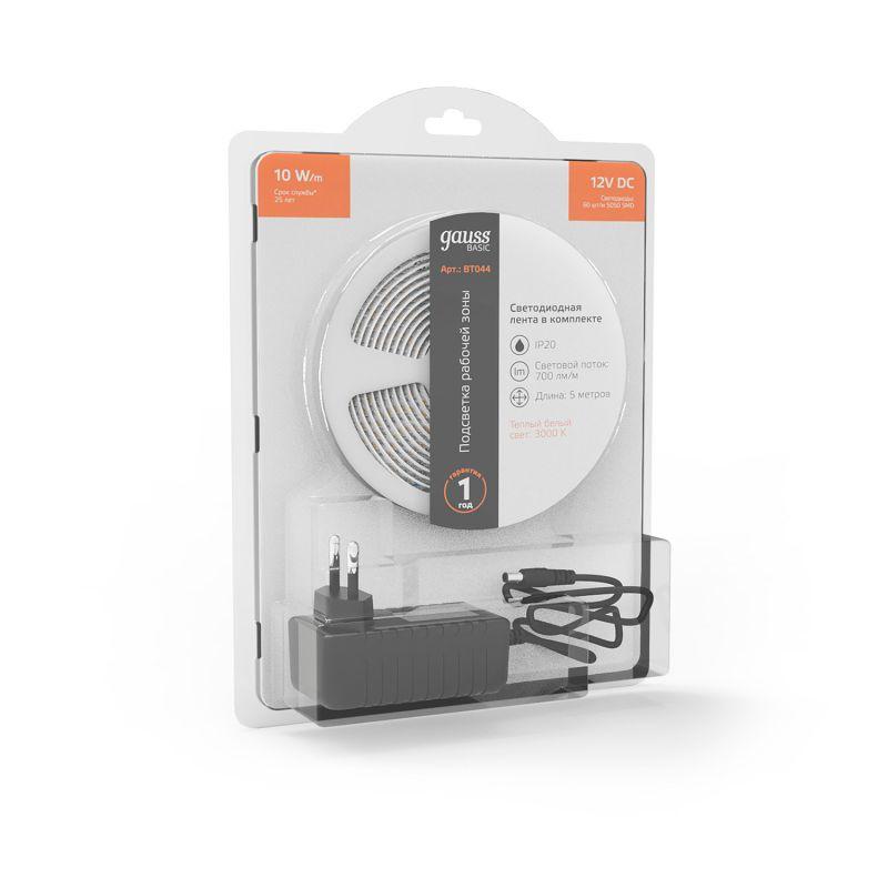  Лента светодиодная Basic 5050/60-SMD 10Вт/м 3000К тепл. бел. IP20 700лм/м 12В 10мм драйвер (уп.5м) GAUSS BT044 фото в каталоге от BTSprom.by
