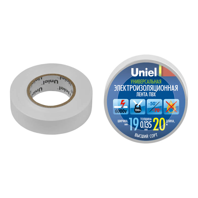 лента изоляционная 0.135х19мм 20м uit-135p 20/19/01 wht бел. uniel 04481 от BTSprom.by