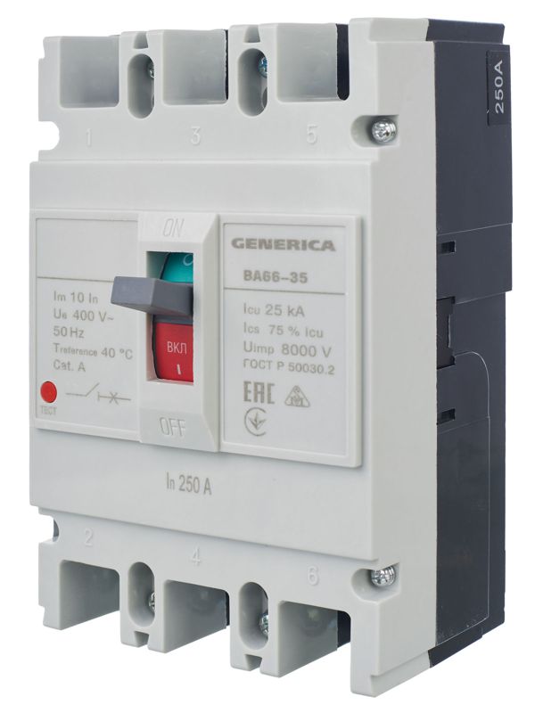  Выключатель автоматический 3п 250А 25кА ВА66-35 GENERICA SAV30-3-0250-G фото в каталоге от BTSprom.by